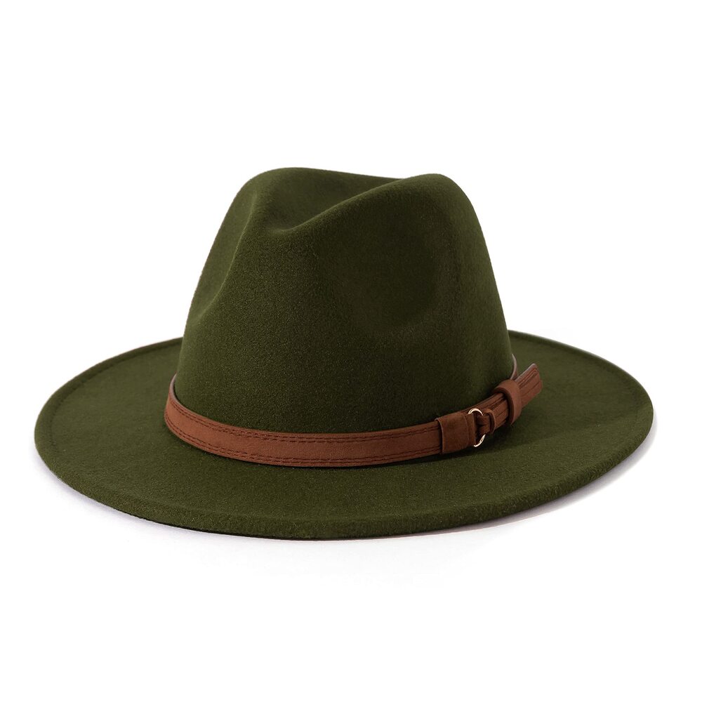 6596 & Vintage Wide Brim Fedora Hat with Belt Buckle A-Olive 59-60cm